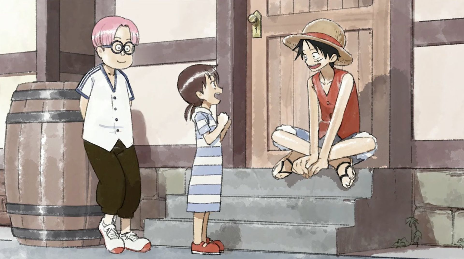 لوفی در حال صحبت با بچه‌ها در انیمه The One Piece 