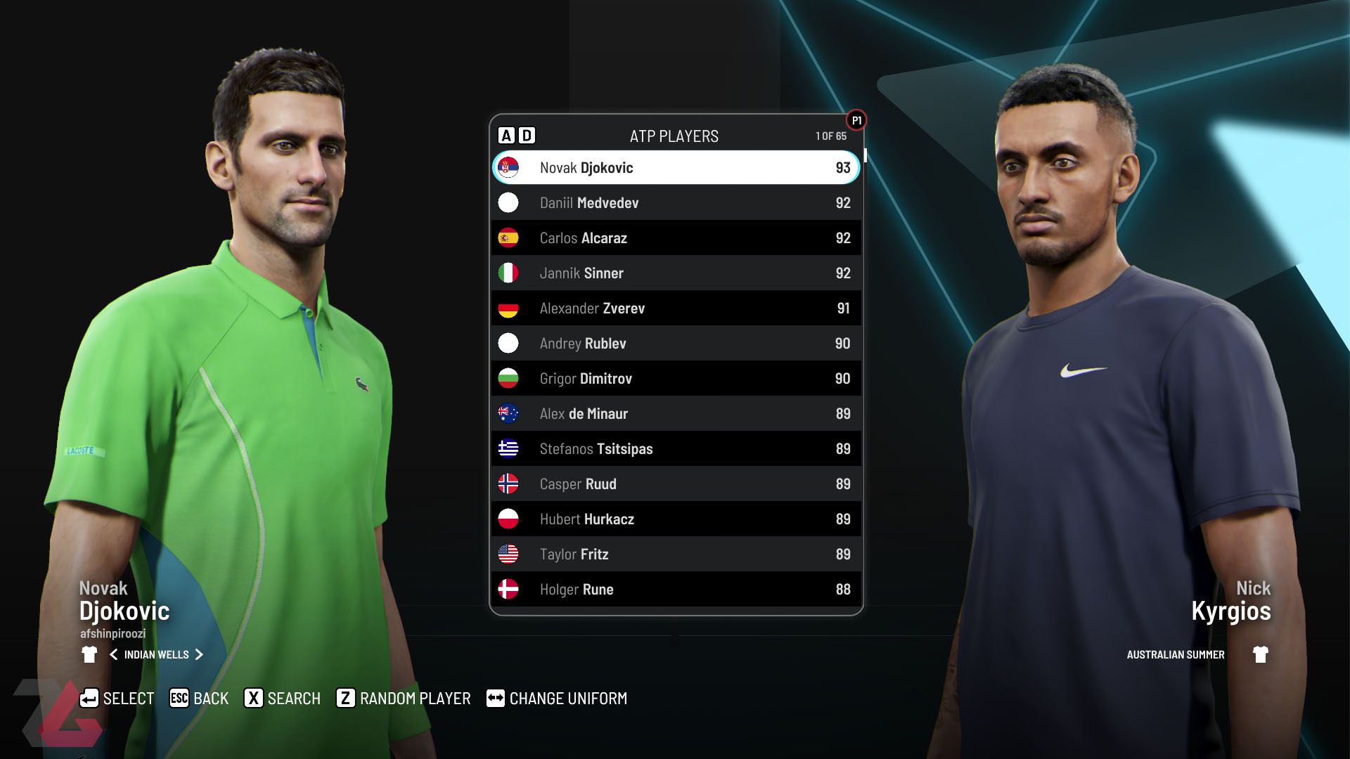 صفحه انتخاب بازیکن در Tiebreak: Official Game of the ATP and WTA