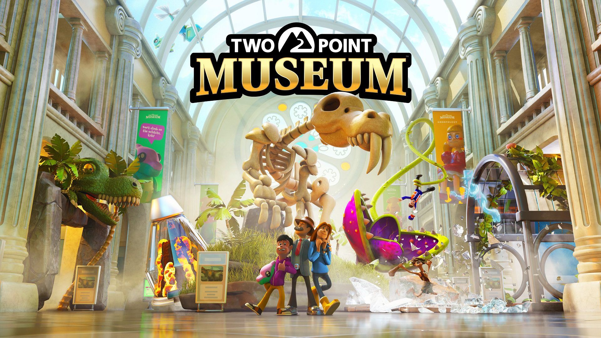 پوستر بازی Two Point Museum همراه با اسکلت دایناسور