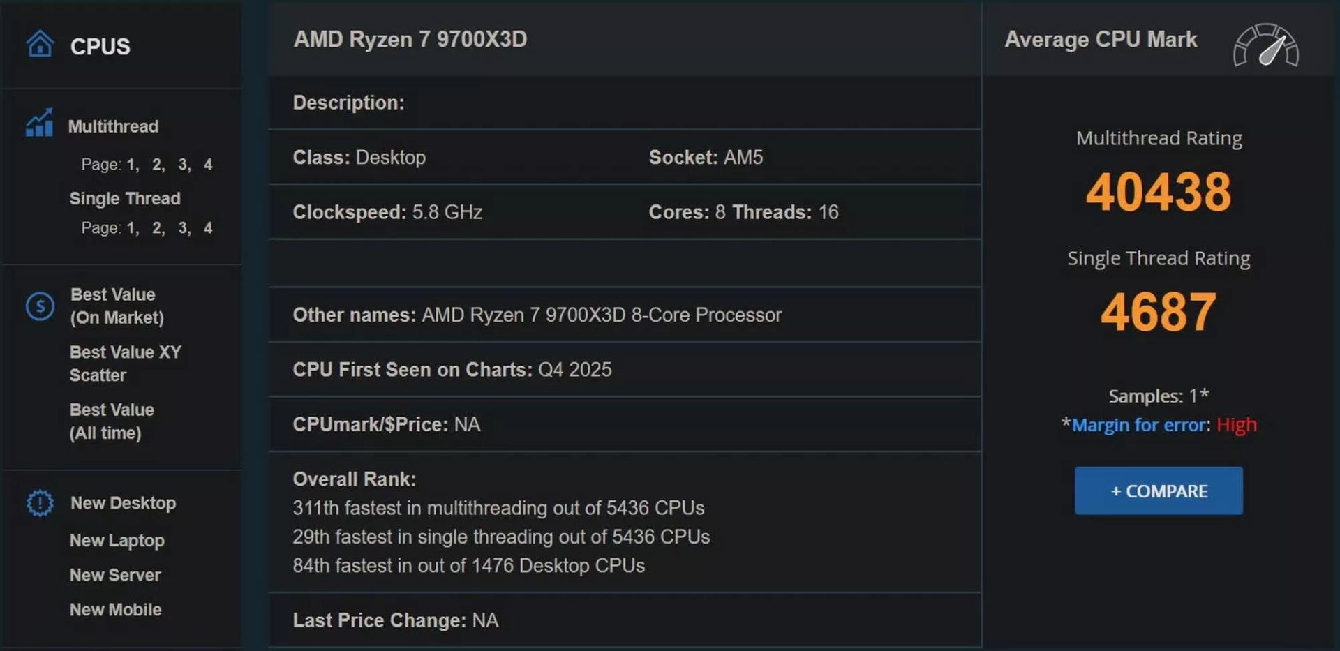 بنچمارک پردازنده Ryzen 7 9700X3D شرکت AMD