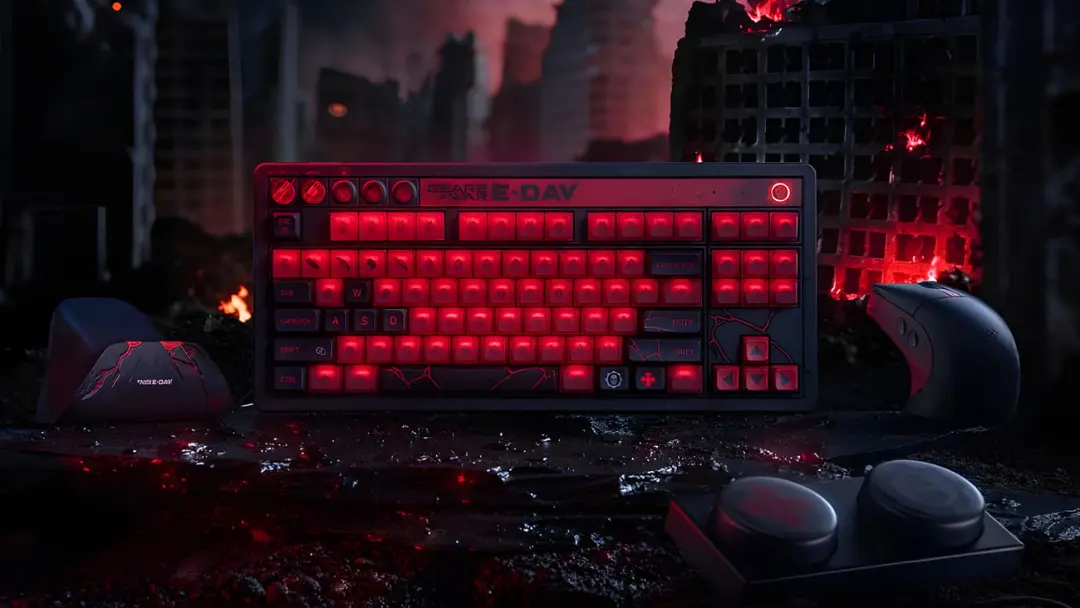 کیبورد و ماوس گیمینگ 8BitDo با نورپردازی قرمز در محیط ویران‌شده