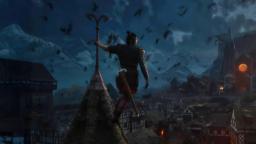 شخصیت اصلی بازی The Blood of Dawnwalker بر فراز پشت‌بام یک شهر کوهستانی ایستاده است