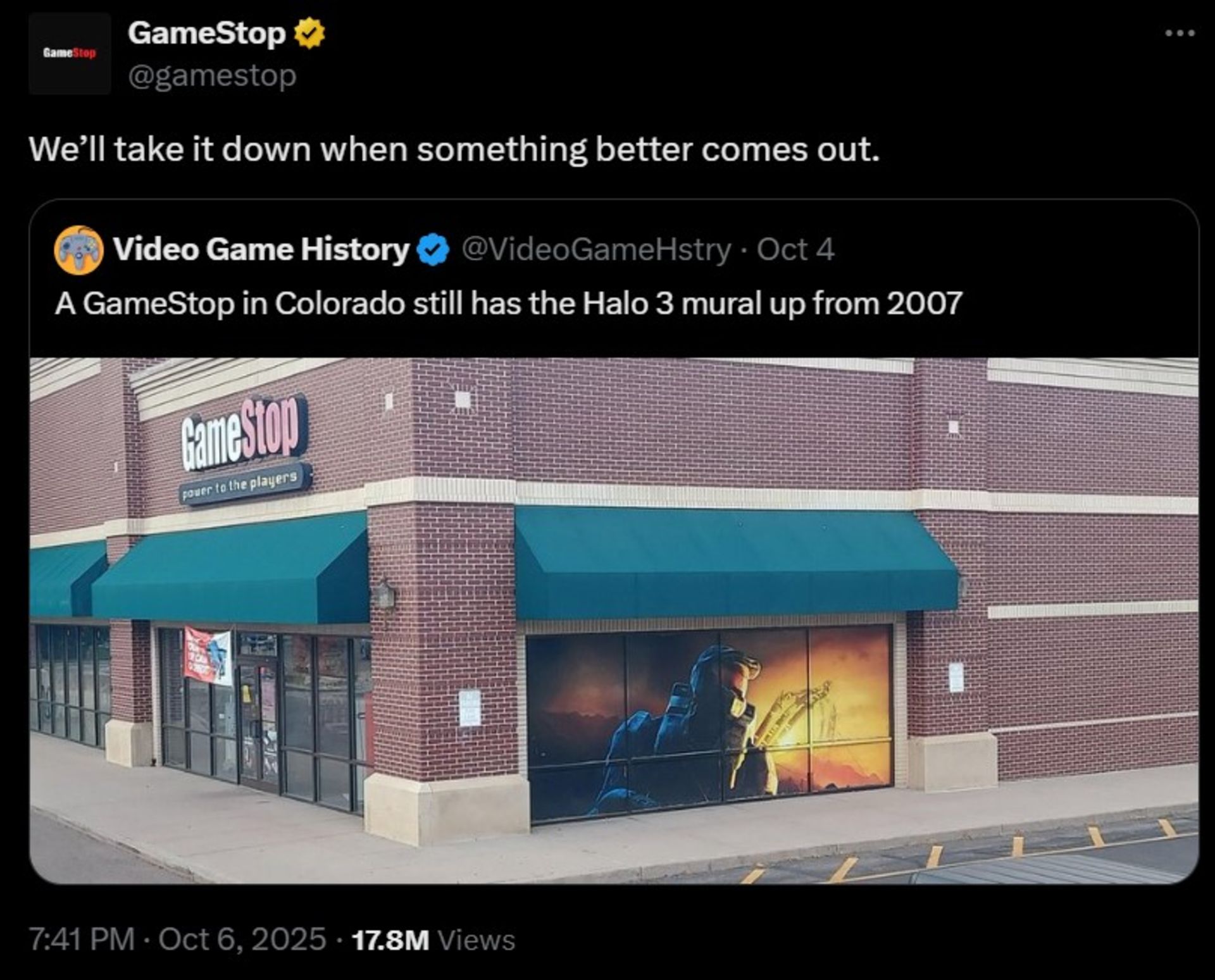 واکنش جالب اکانت ایکس Gamestop به باقی ماندن پوستر بازی Halo 3 روی دیوار مغازه گیم استاپ کلورادو