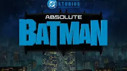لوگوی آبی‌رنگ انیمیشن Absolute Batman بر پس‌زمینه‌ی شهر گاتهام