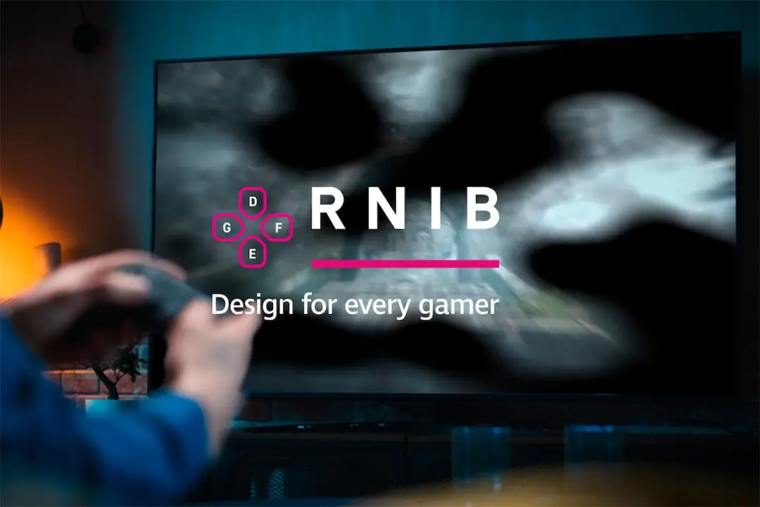 نمایش لوگوی RNIB و شعار طراحی برای همه گیمرها روی صفحه تلویزیون