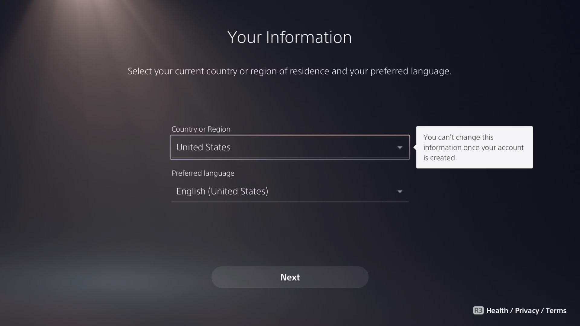 فرم انتخاب کشور و زبان در بخش اطلاعات حساب کاربری PSN