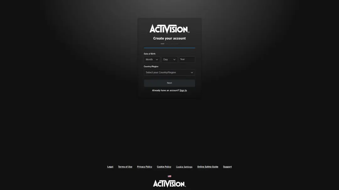 فرم ثبت‌نام و ساخت حساب کاربری در سایت اکتیویژن (Activision)