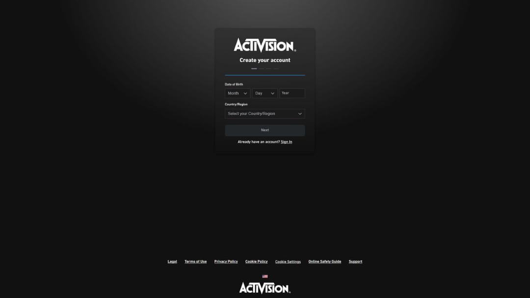 فرم ثبت‌نام و ساخت حساب کاربری در سایت اکتیویژن (Activision)