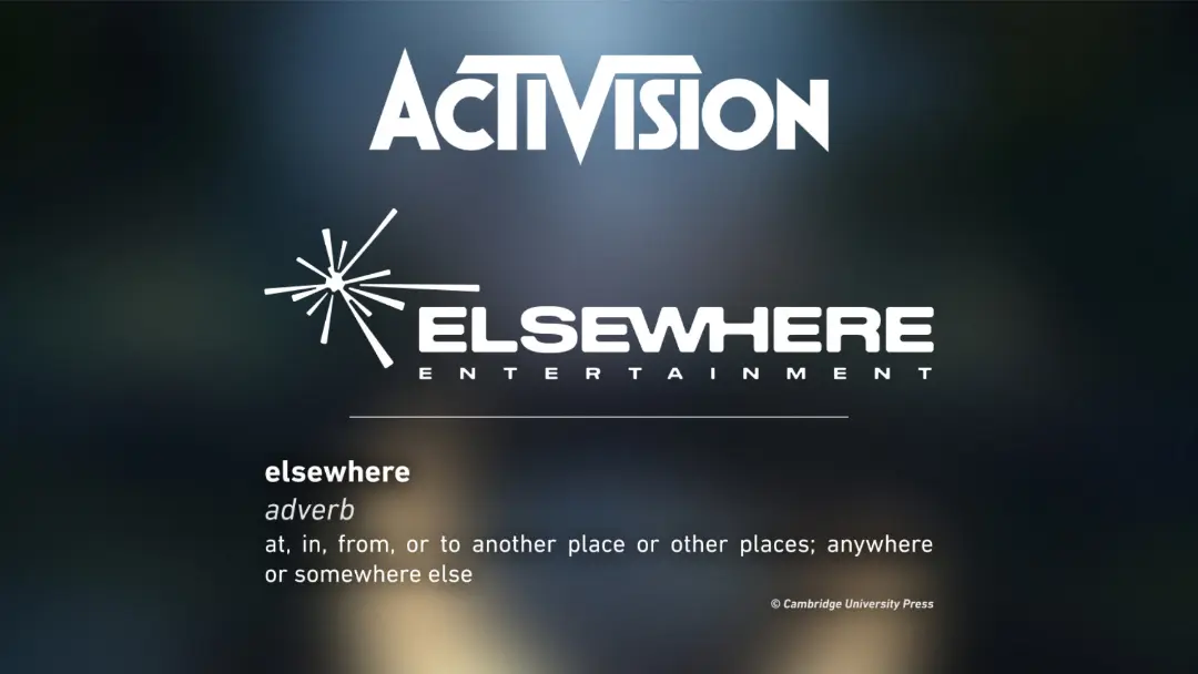 لوگوی شرکت اکتیویژن (Activision) و برند Elsewhere Entertainment در پس‌زمینه تاریک