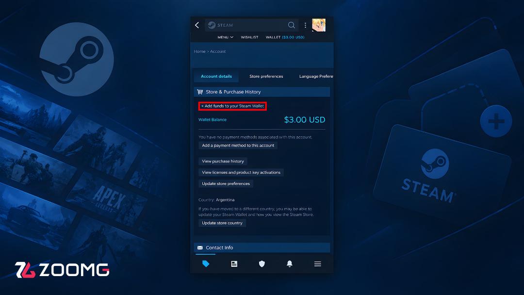 پنل حساب کاربری در سایت استیم (Steam) و گزینه افزودن موجودی به کیف پول