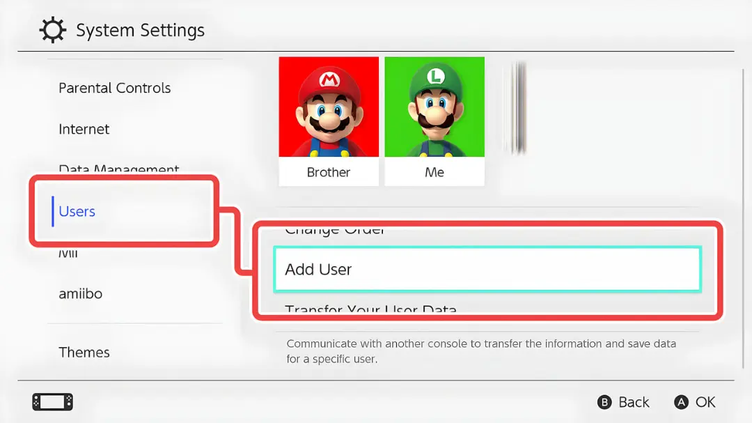 منوی تنظیمات کاربران (Users) در کنسول نینتندو سوییچ (Nintendo Switch) با گزینه افزودن کاربر