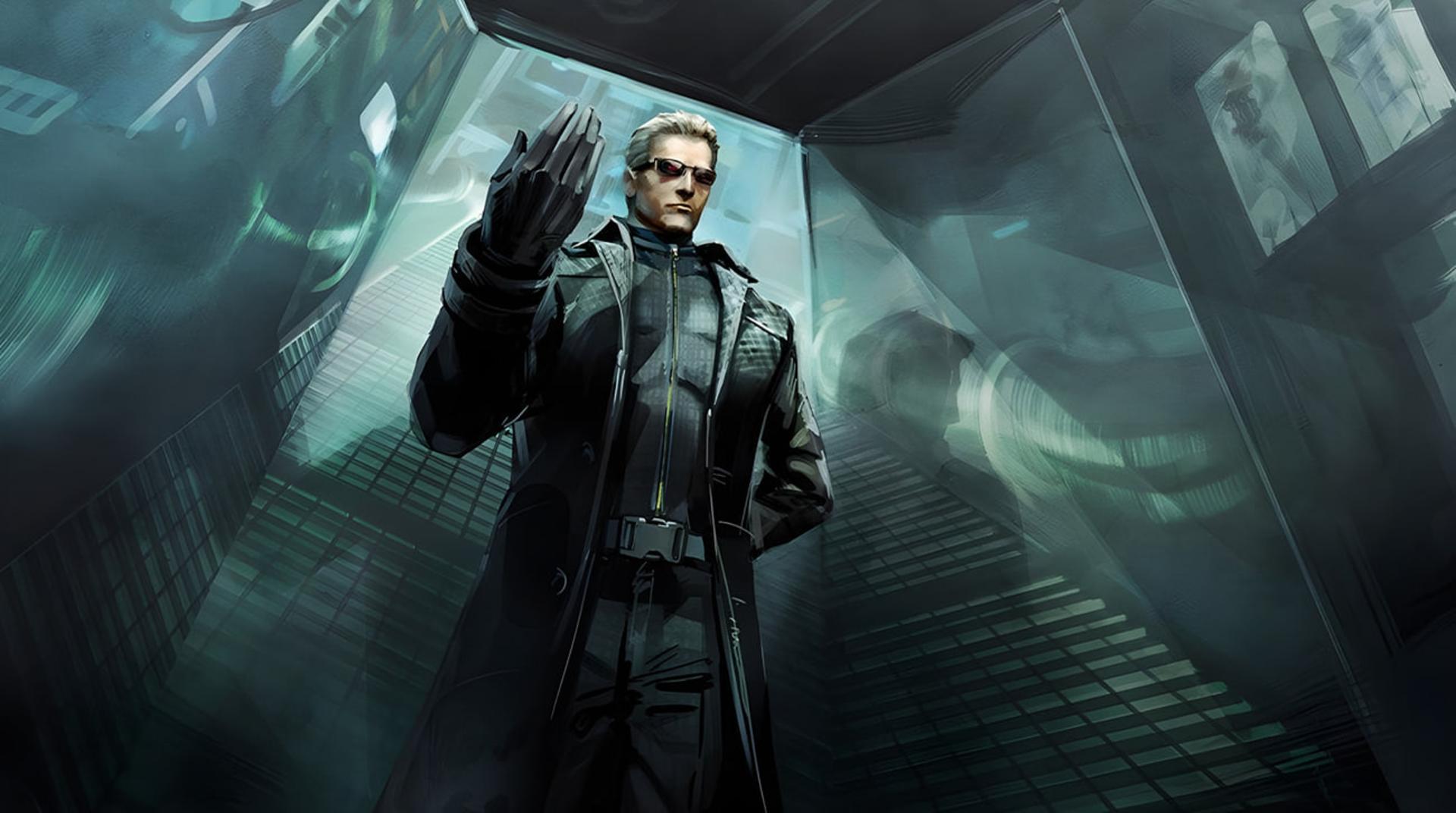 آلبرت وسکر (Albert Wesker) با عینک آفتابی در محیطی تاریک و علمی