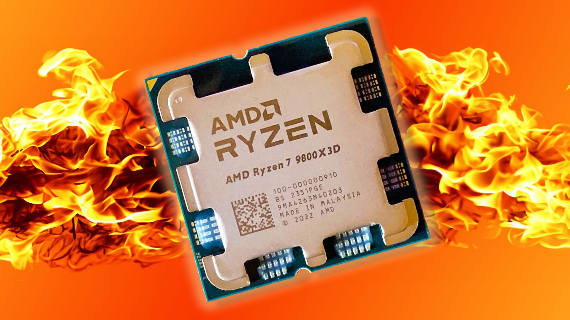 پردازنده AMD Ryzen 7 9800X3D با پس زمینه آتش