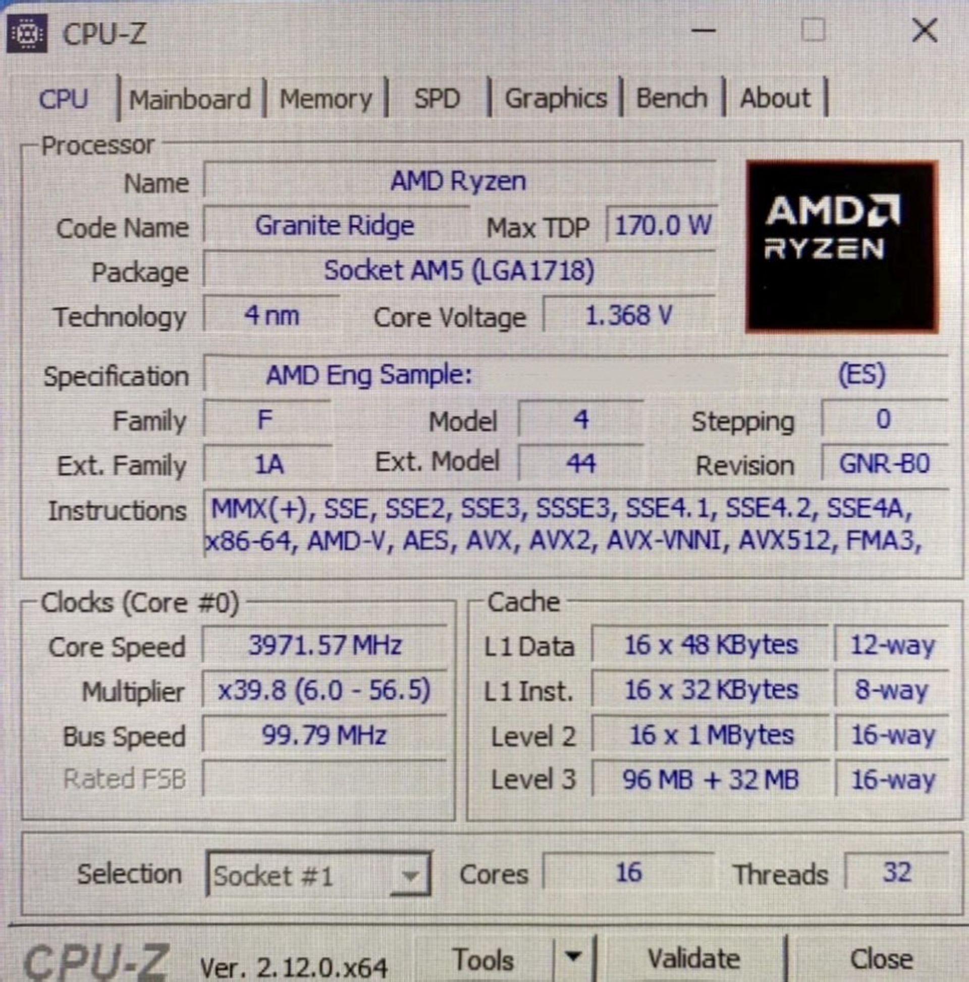 اسکرین شات CPU-Z پردازنده AMD Ryzen 9 9950X3D