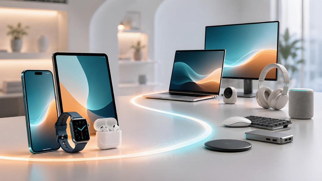 محصولات اپل (Apple) شامل آیفون، آیپد، اپل واچ و مک‌بوک روی میز کار