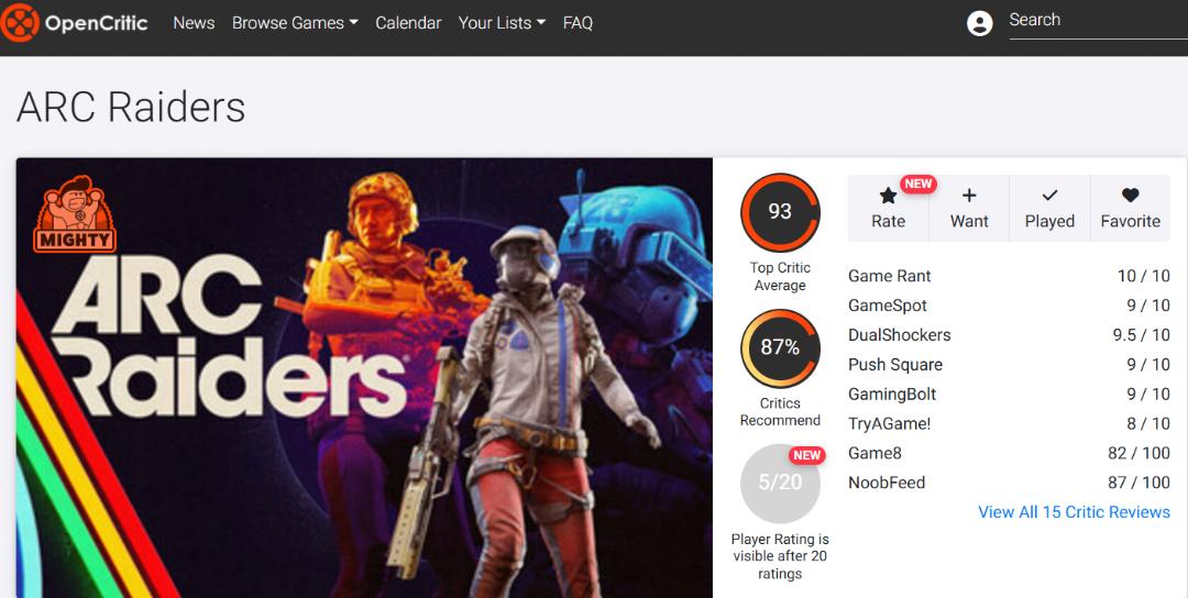 میانگین نقدها و نمرات بازی ARC Raiders در وب‌سایت اوپن‌کریتیک (Opencritic)