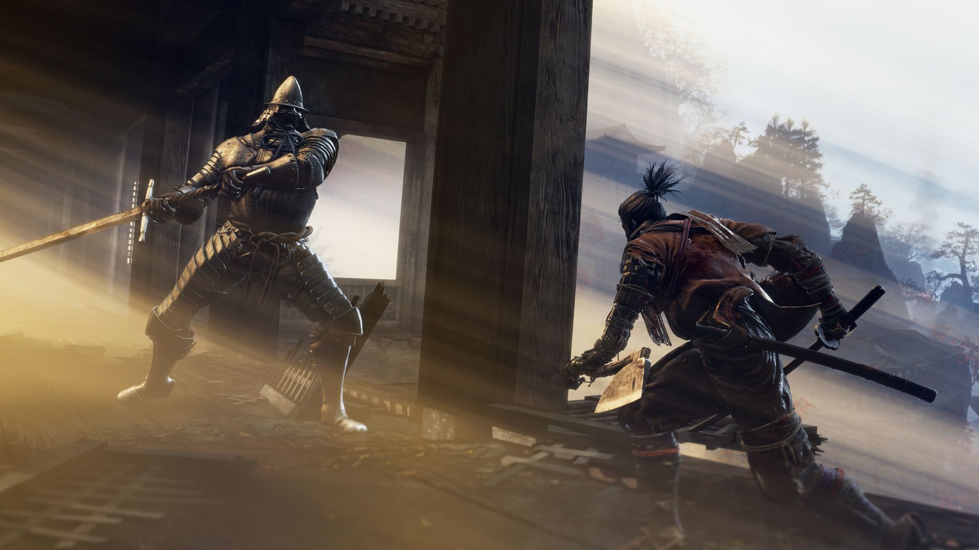 مبارزه شخصیت اصلی بازی Sekiro: Shadows Die Twice با یک دشمن زره‌پوش