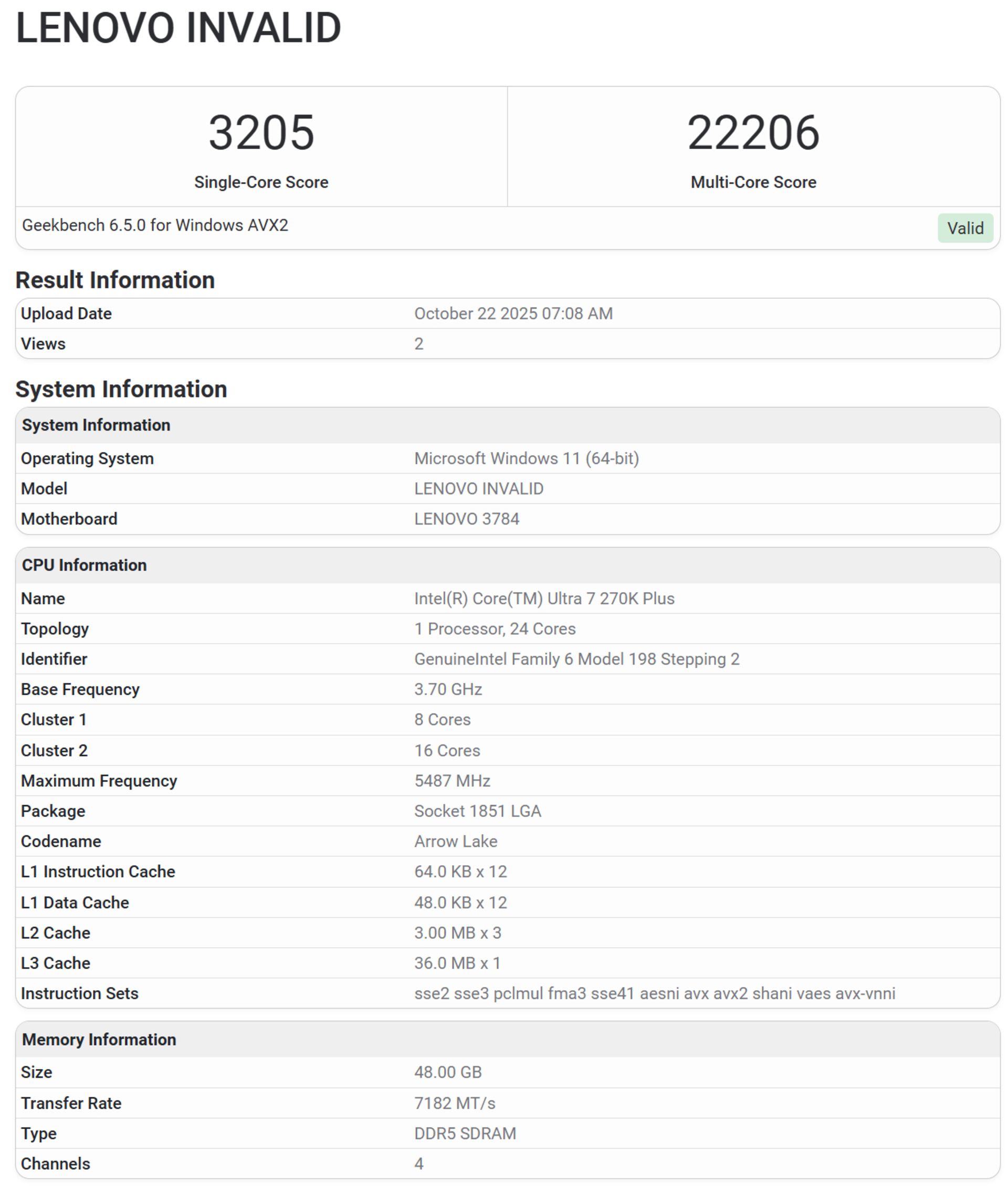 بنچمارک اولین پردازنده سری Arrow Lake Refresh با نام Core Ultra 7 270K Plus