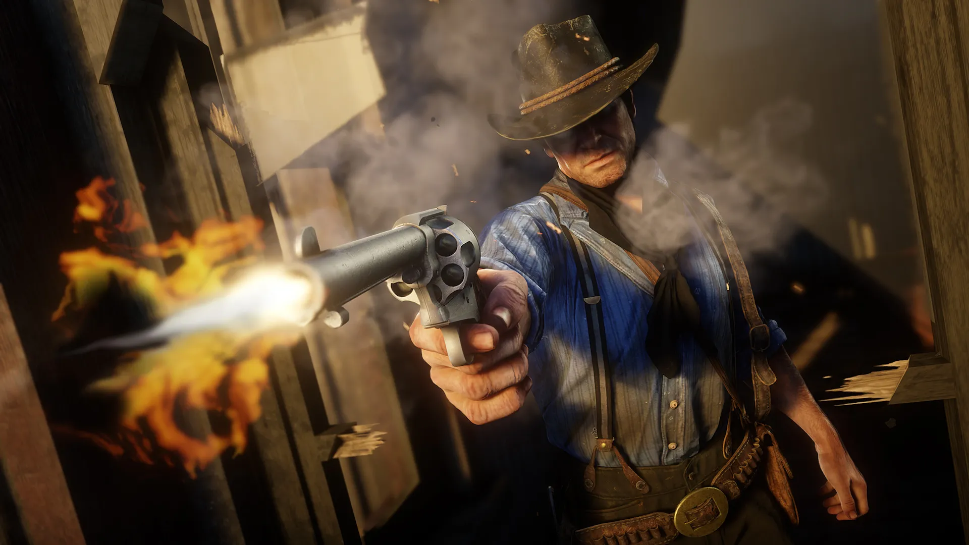 چهره مصمم و خون‌سرد آرتور مورگان هنگام شلیک گلوله در بازی Red Dead Redemption 2