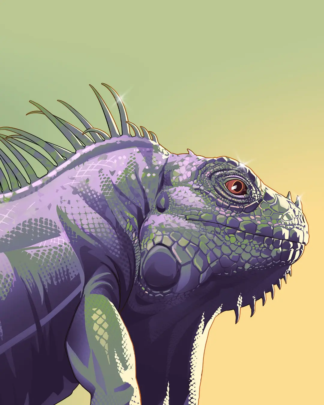 طرح هنری ایگوانا (Iguana) با رنگ‌های بنفش و سبز در پس‌زمینه روشن