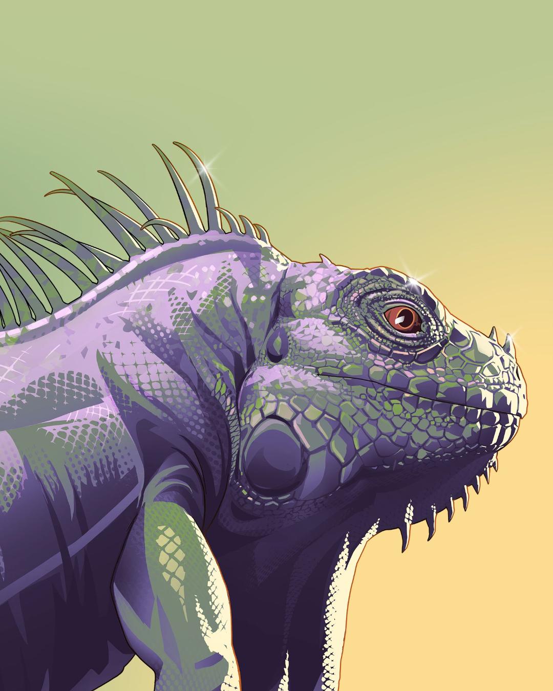 طرح هنری ایگوانا (Iguana) با رنگ‌های بنفش و سبز در پس‌زمینه روشن
