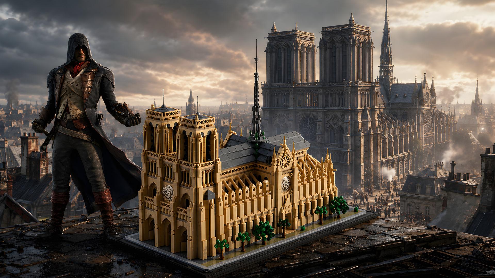 شخصیت آرنو بازی اساسینز کرید (Assassin's Creed) در کنار مدل لگو کلیسای نوتردام (Notre Dame)