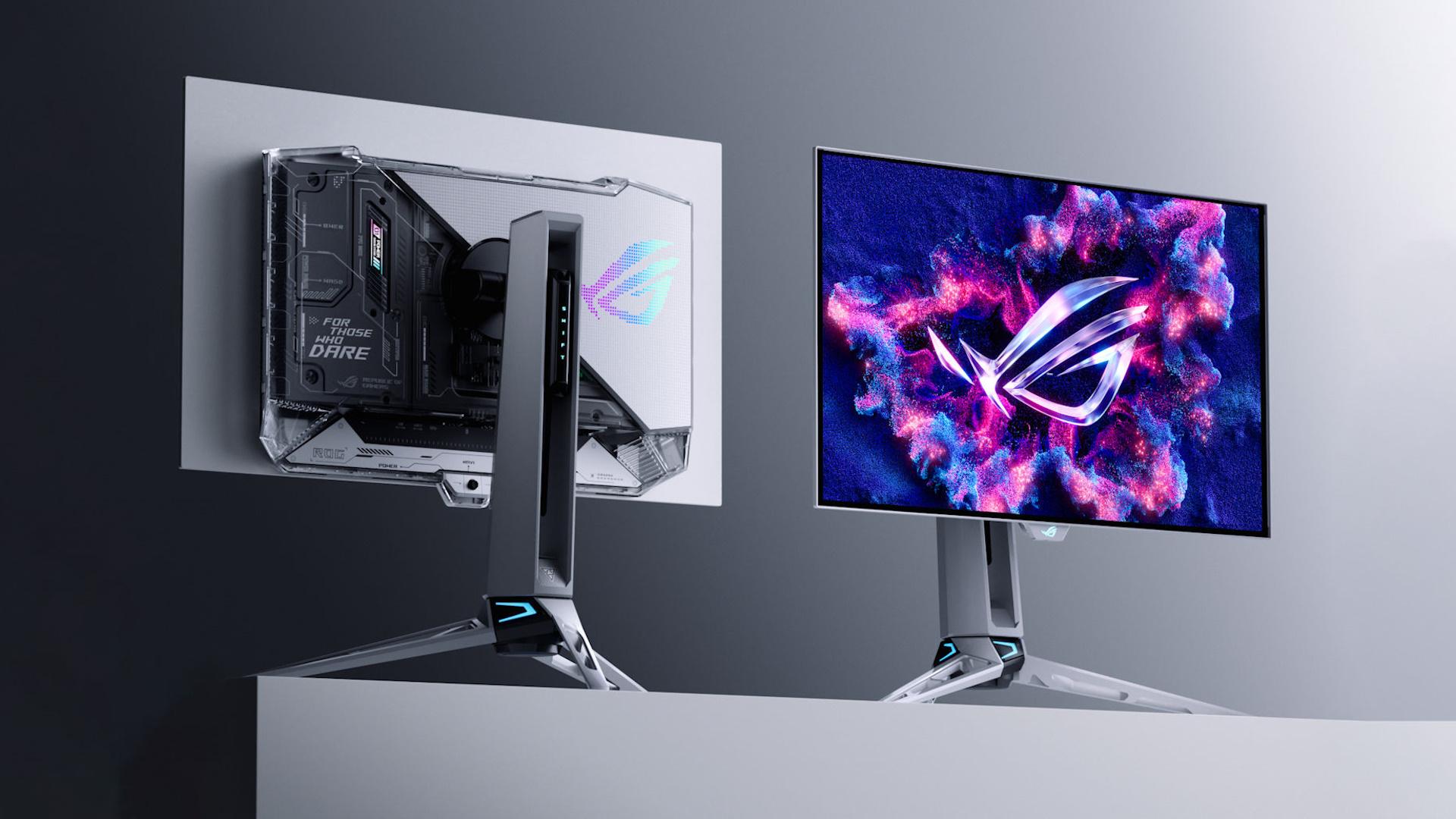 نمای جلویی و پشتی مانیتورهای ROG Swift OLED PG27AQWP-W و ROG Strix OLED XG27AQWMG شرکت ایسوس (ASUS)