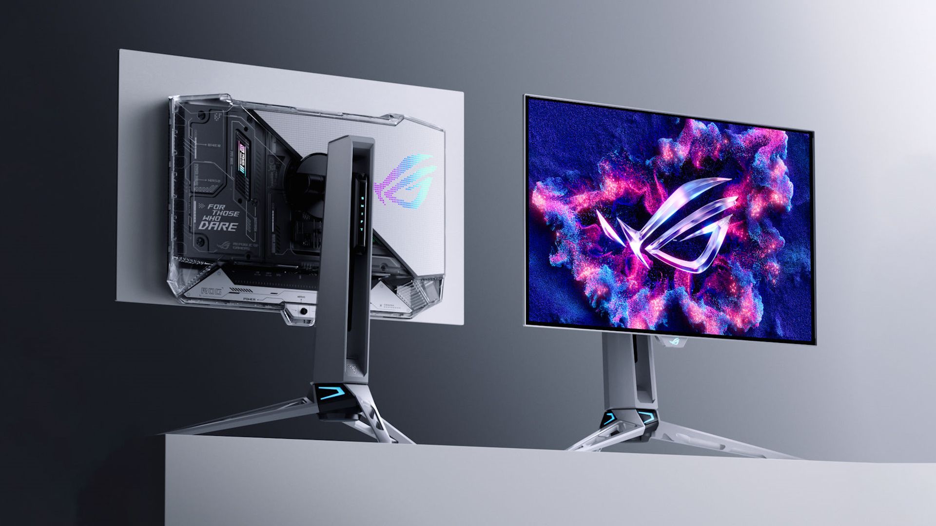 نمای جلویی و پشتی مانیتورهای ROG Swift OLED PG27AQWP-W و ROG Strix OLED XG27AQWMG شرکت ایسوس (ASUS)