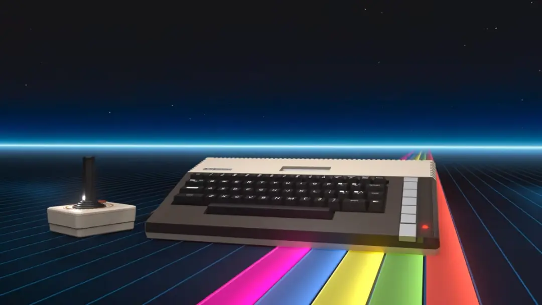 کامپیوتر آتاری 800XL (Atari 800XL) در کنار دسته بازی در پس‌زمینه‌ای دیجیتال