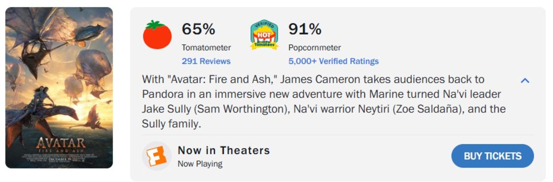 نمرات فیلم Avatar: Fire and Ash در راتن تومیتوز