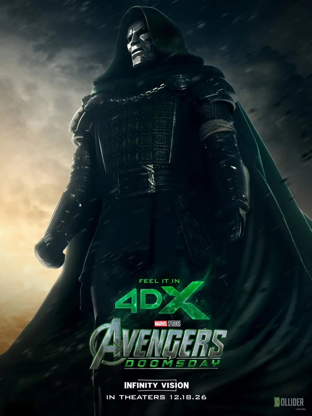 دکتر دووم (Doctor Doom) با زره و شنل سبز در پوستر فیلم Avengers: Doomsday