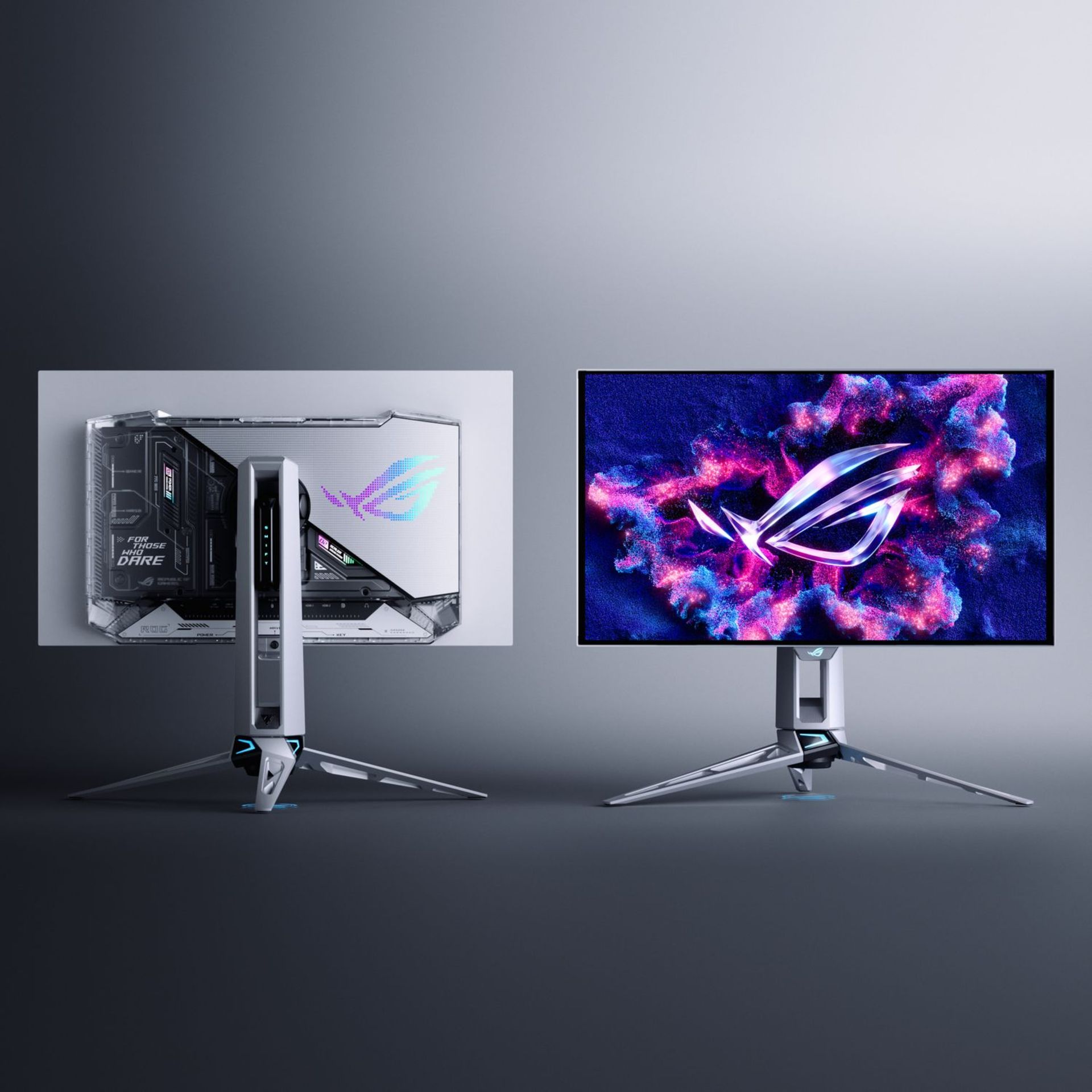 نمای جلویی و پشتی مانیتورهای ROG Swift OLED PG27AQWP-W و ROG Strix OLED XG27AQWMG شرکت ایسوس (ASUS)