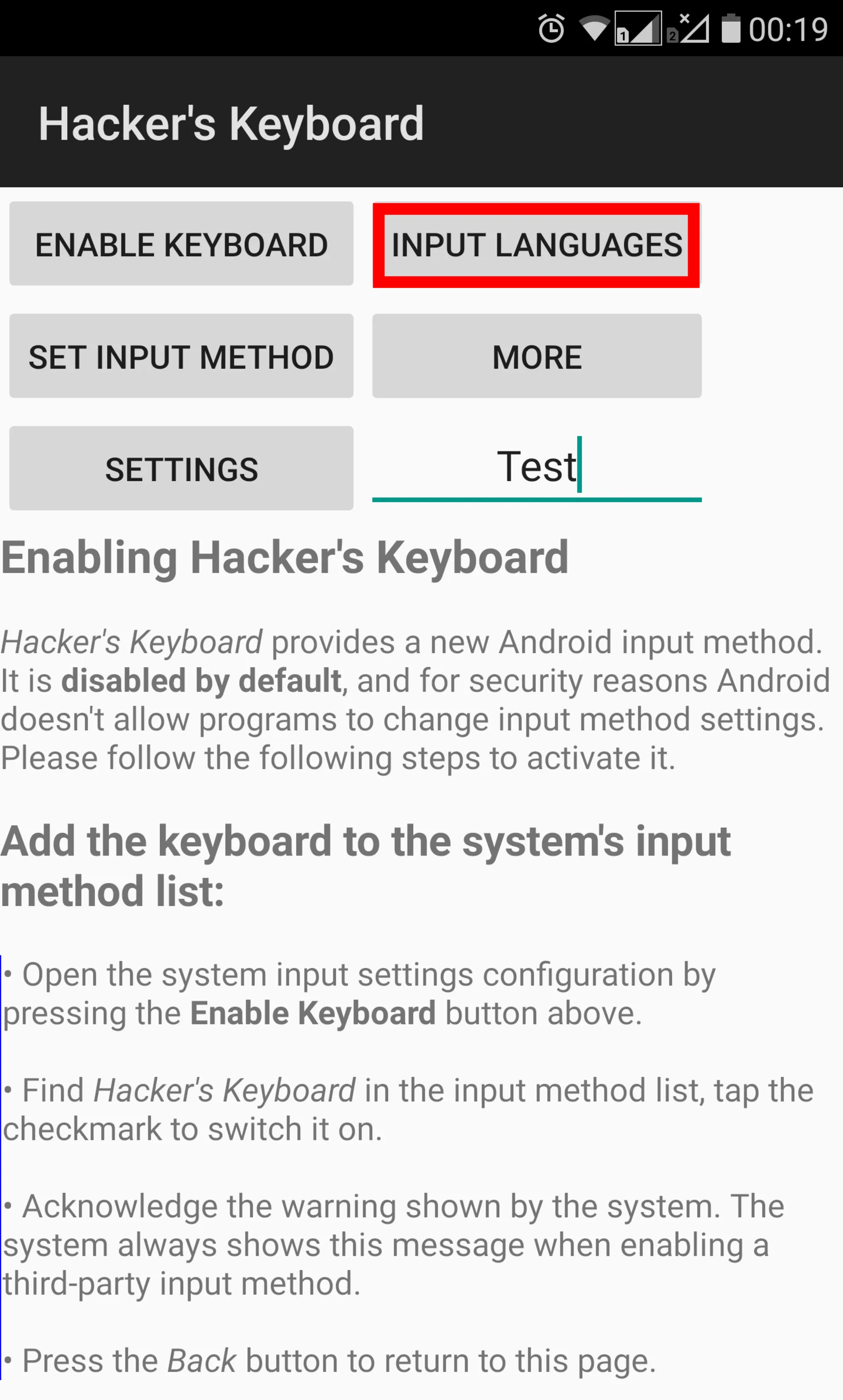 انتخاب زبان در برنامه Hacker's Keyboard