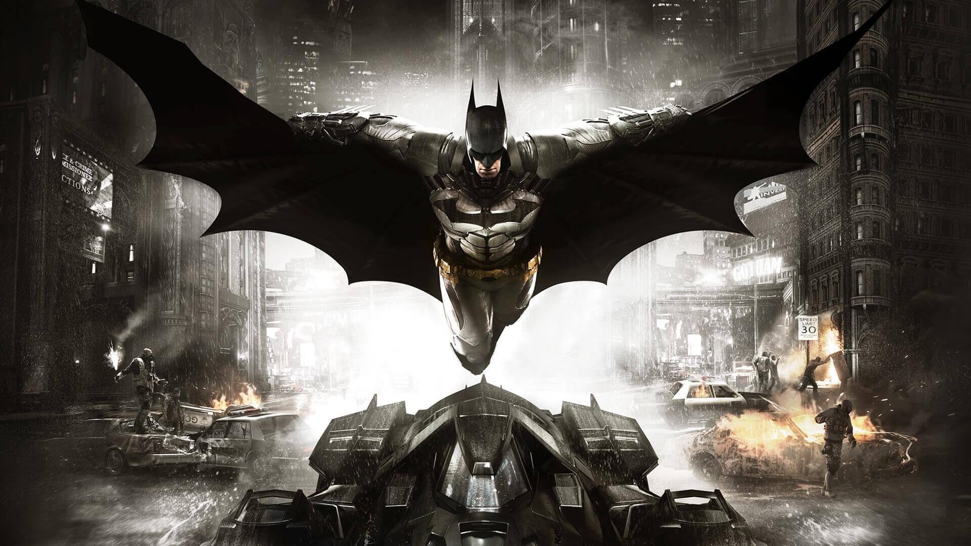 پرواز بتمن بر فراز بت‌موبیل در بازی Batman Arkham Knight
