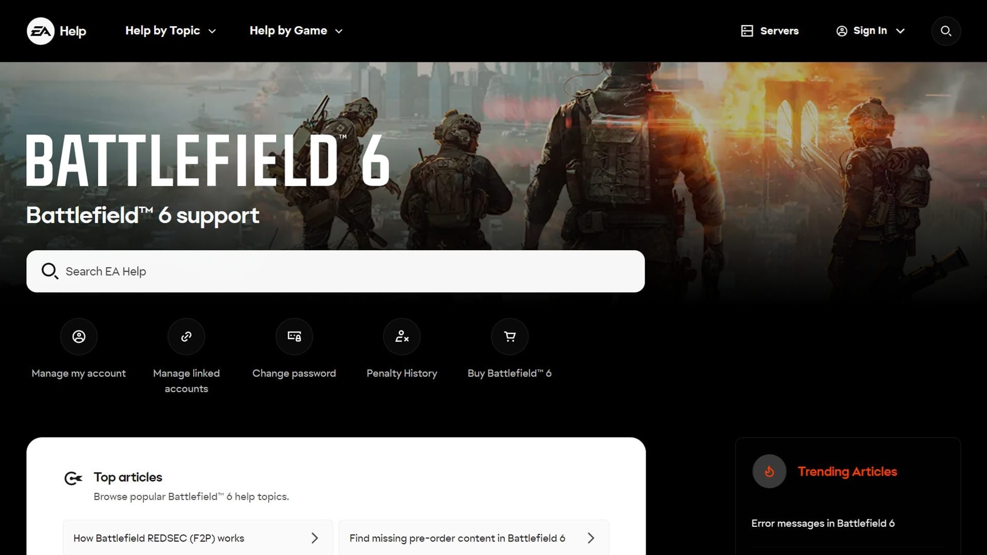 صفحه اصلی وبسایت پشتیبانی رسمی Battlefield 6