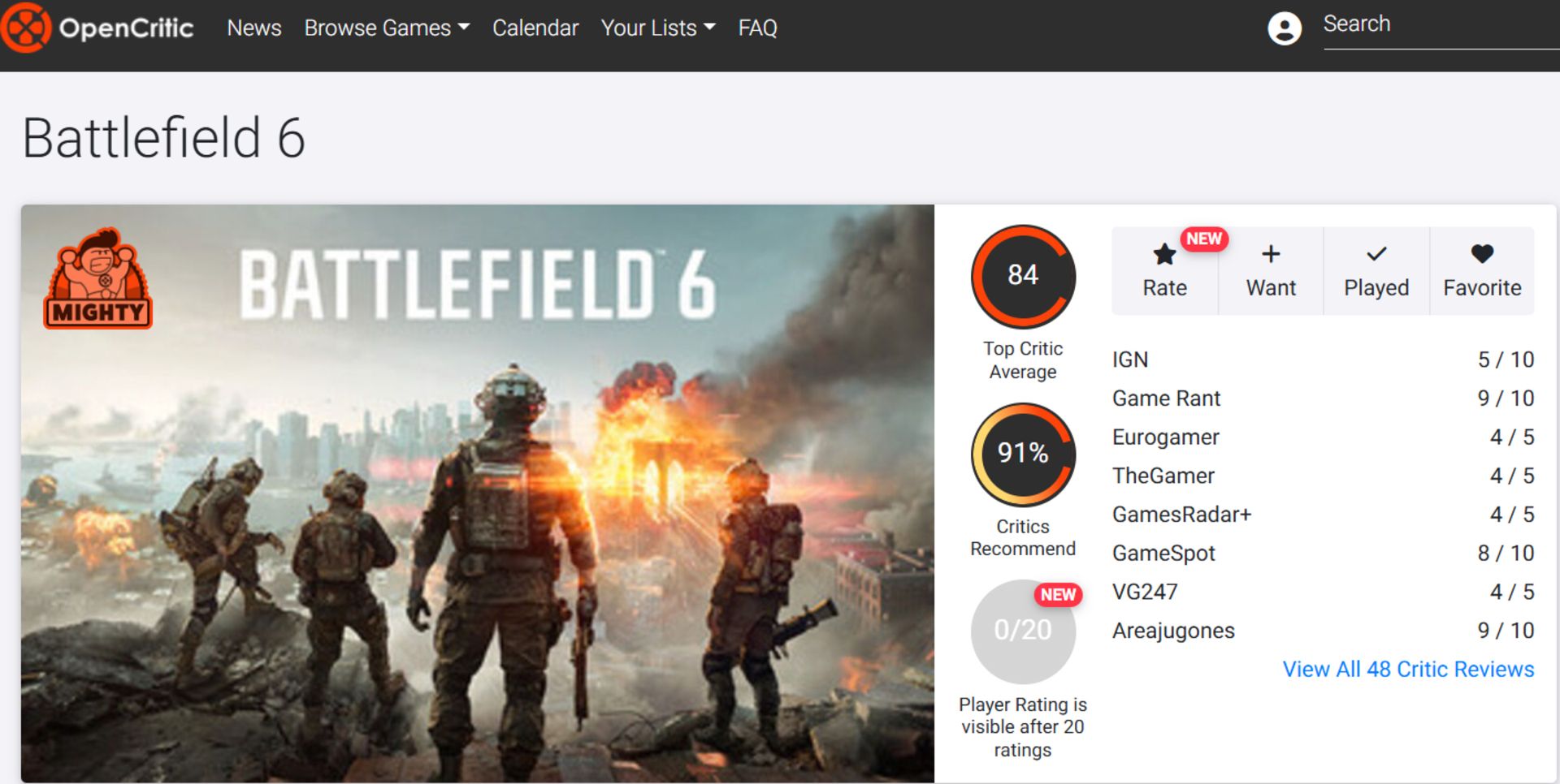 میانگین نقدها و نمرات بازی Battlefield 6 در وب‌سایت اوپن‌کریتیک (Opencritic)