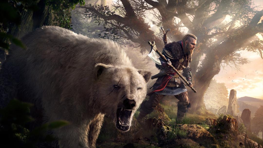 خرس سفید عظیم‌الجثه در کنار ایوور (Eivor) از بازی Assassin's Creed Valhalla