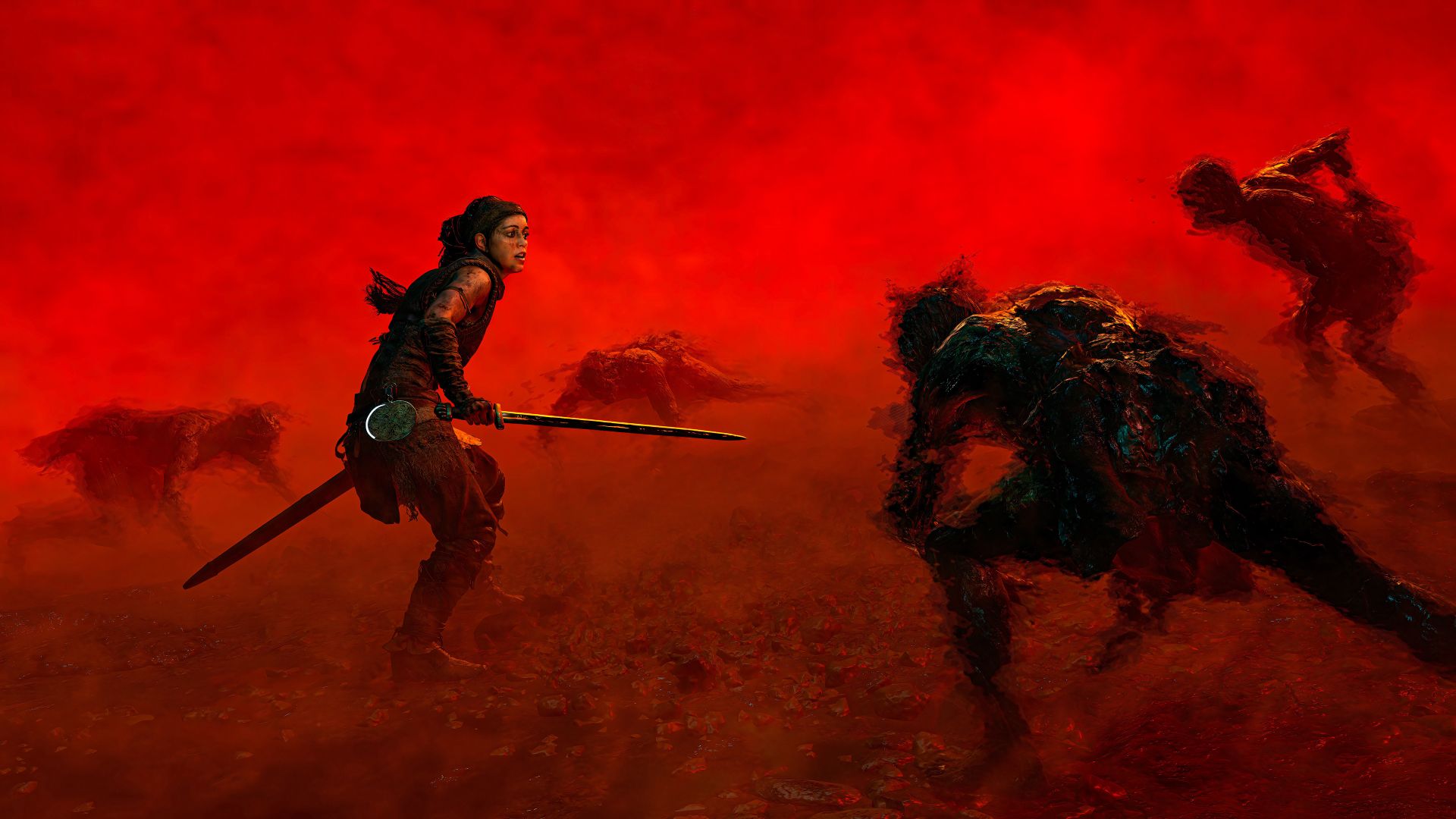محاصره شدن سنوئا (Senua) توسط دشمنان در بازی Senua's Saga: Hellblade II