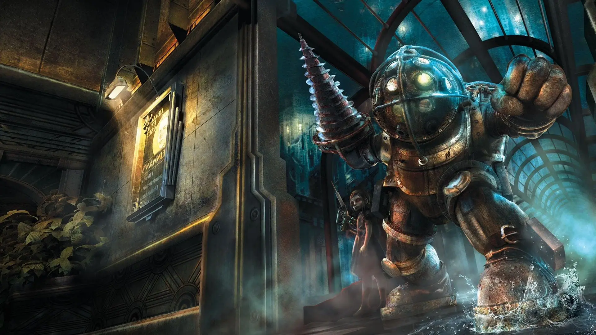 موجود بیگ مانستر (Big Daddy) با دریل بزرگ در محیط بازی BioShock