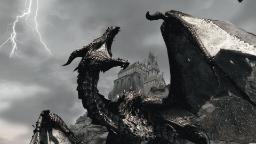 اژدهای سیاه (Black Dragon) در حال غرش در مقابل یک عمارت قدیمی در دنیای Skyrim
