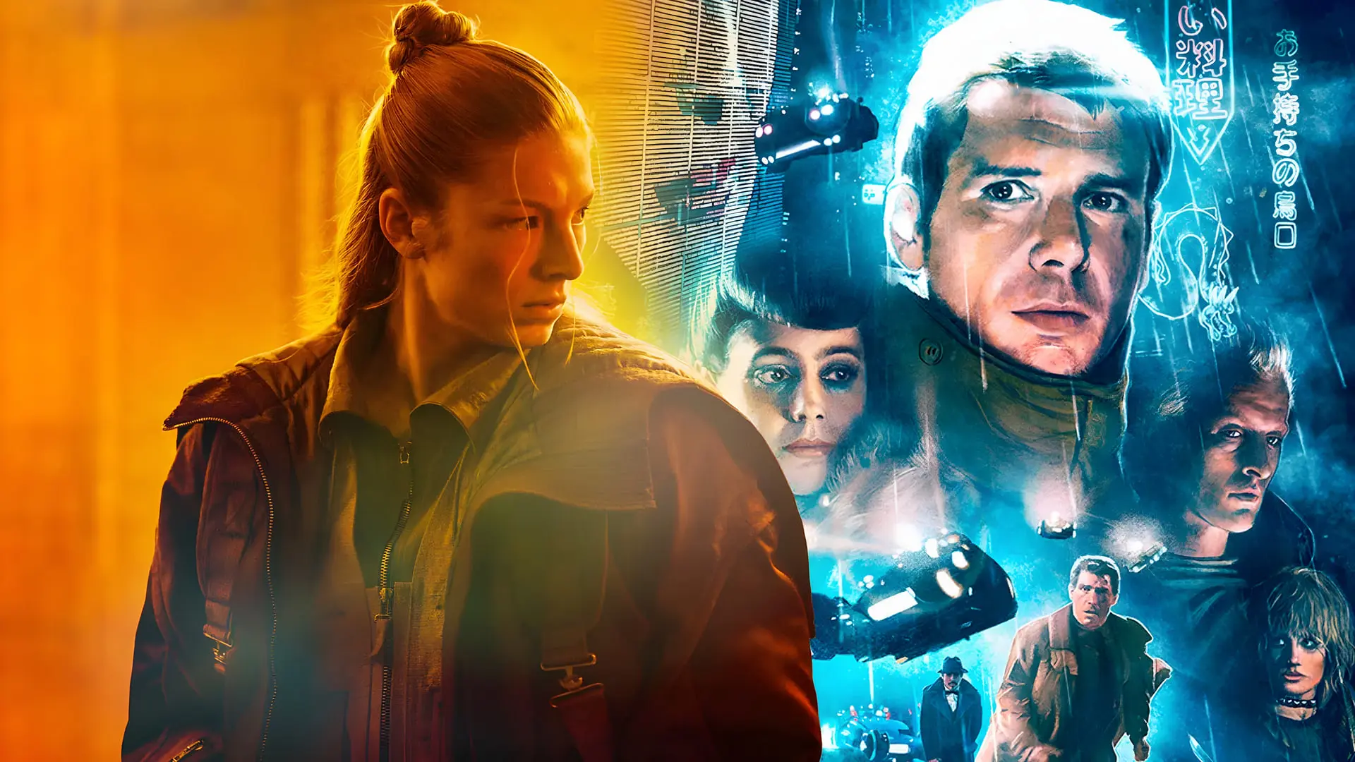 چهره‌های هانتر شفر (Hunter Schafer) و هریسون فورد (Harrison Ford) در پوستر سریال Blade Runner 2099