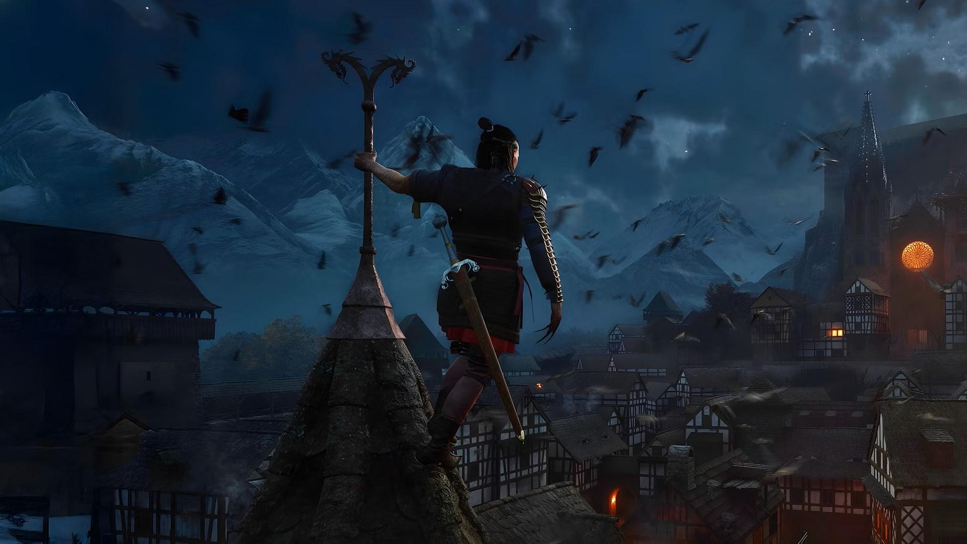 شخصیت بازی Blood of Dawnwalker بر فراز سقف خانه‌ها در شب