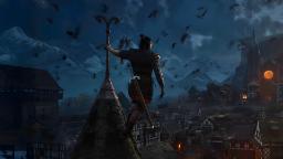 شخصیت بازی Blood of Dawnwalker بر فراز سقف خانه‌ها در شب