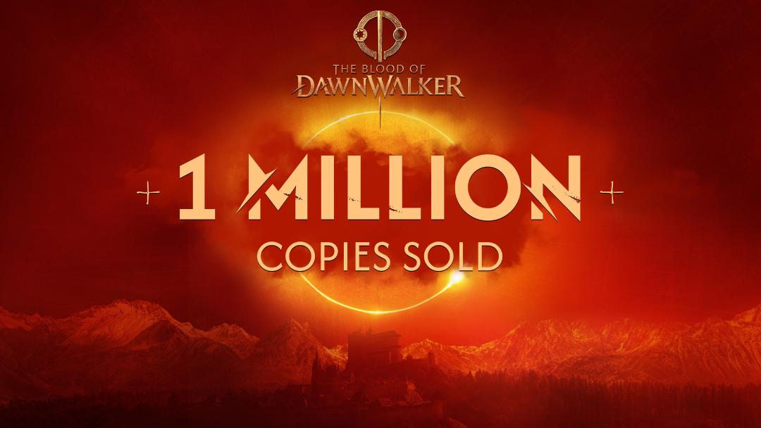 لوگوی بازی The Blood of Dawnwalker بر پس‌زمینه‌ای با منظره کوهستانی و خورشید