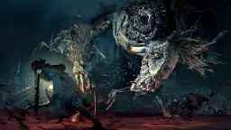 هیولای عظیم‌الجثه در بازی بلادبورن (Bloodborne) در حال حمله به شخصیت اصلی 