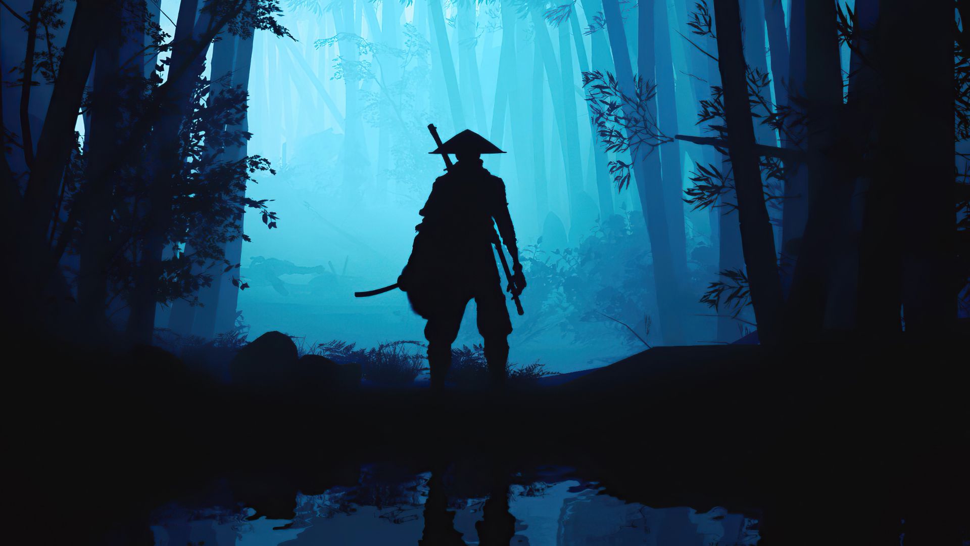 شخصیت اصلی Sekiro: Shadows Die Twice ایستاده در اتمسفر آبی بازی