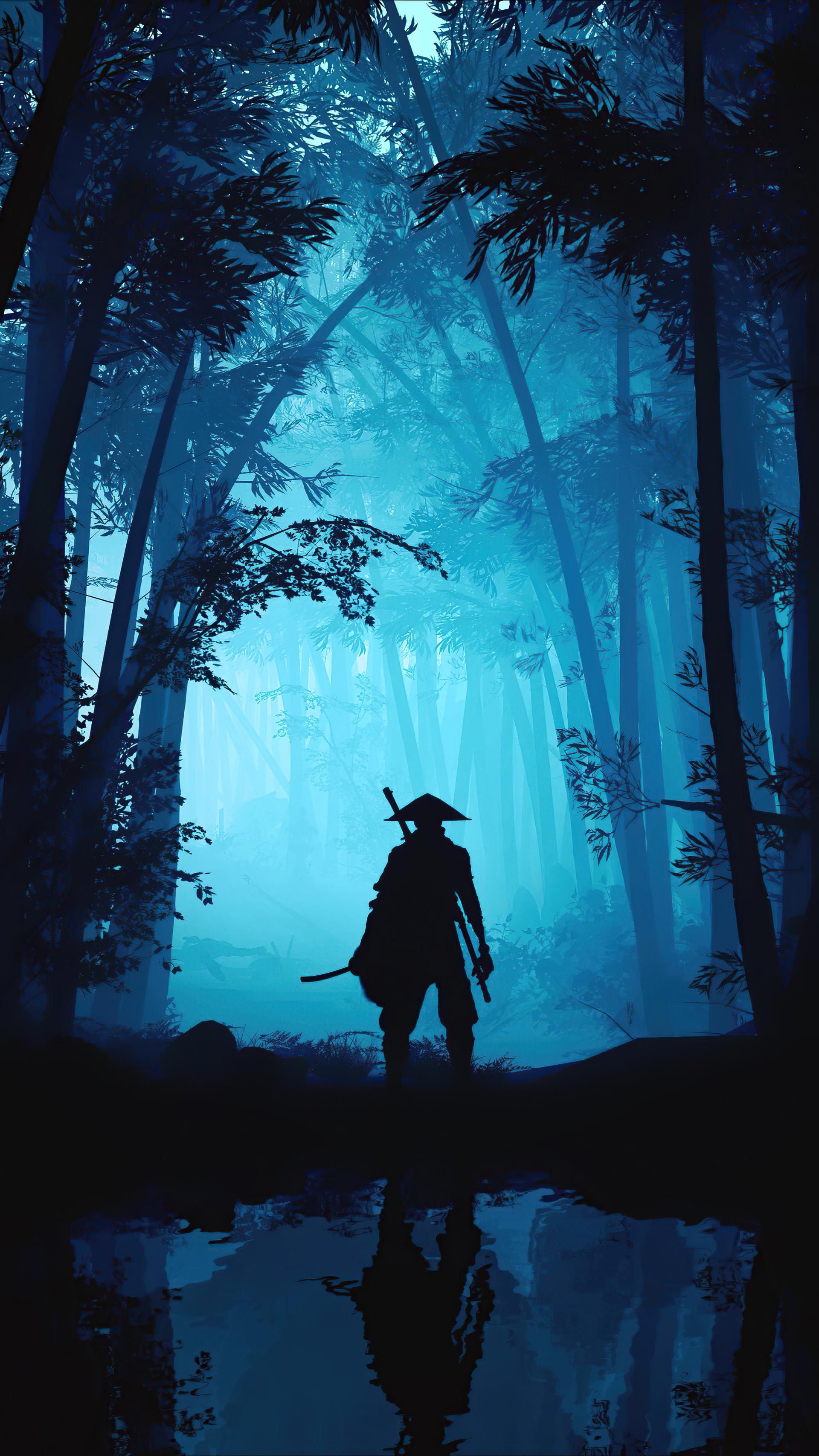 شخصیت اصلی Sekiro: Shadows Die Twice ایستاده در اتمسفر آبی بازی