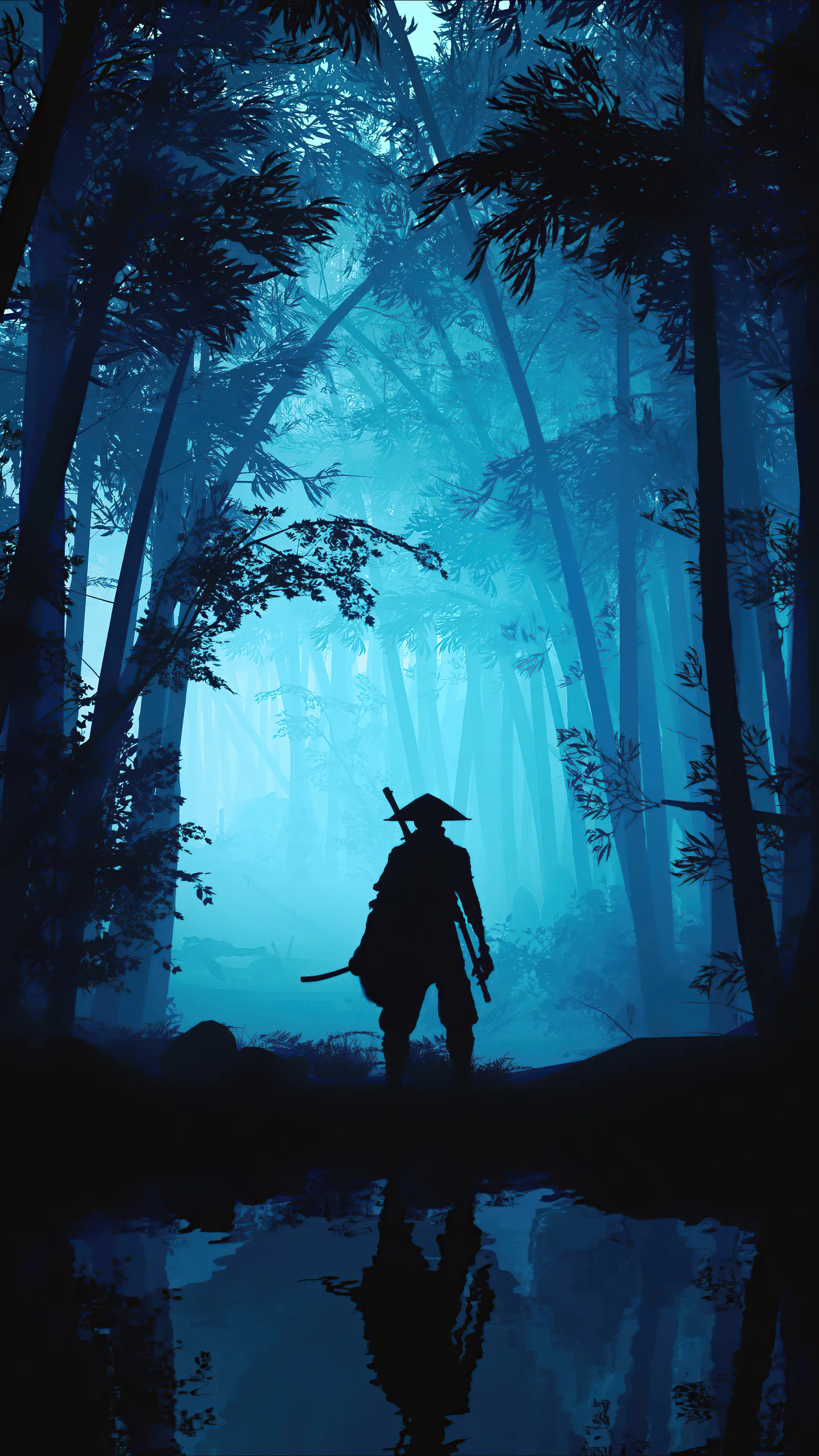 شخصیت اصلی Sekiro: Shadows Die Twice ایستاده در اتمسفر آبی بازی