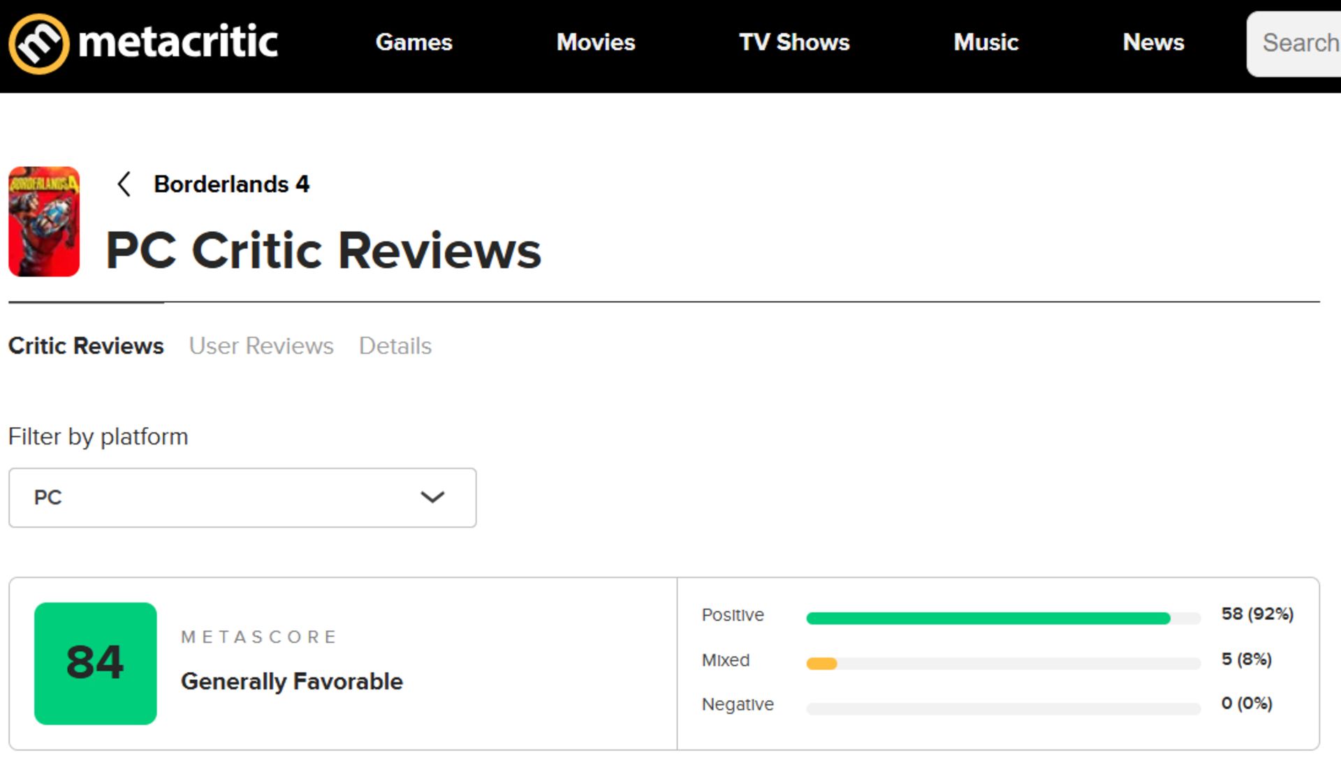 میانگین نقدها و نمرات بازی Borderlands 4 در وب‌سایت متاکریتیک (Metacritic)