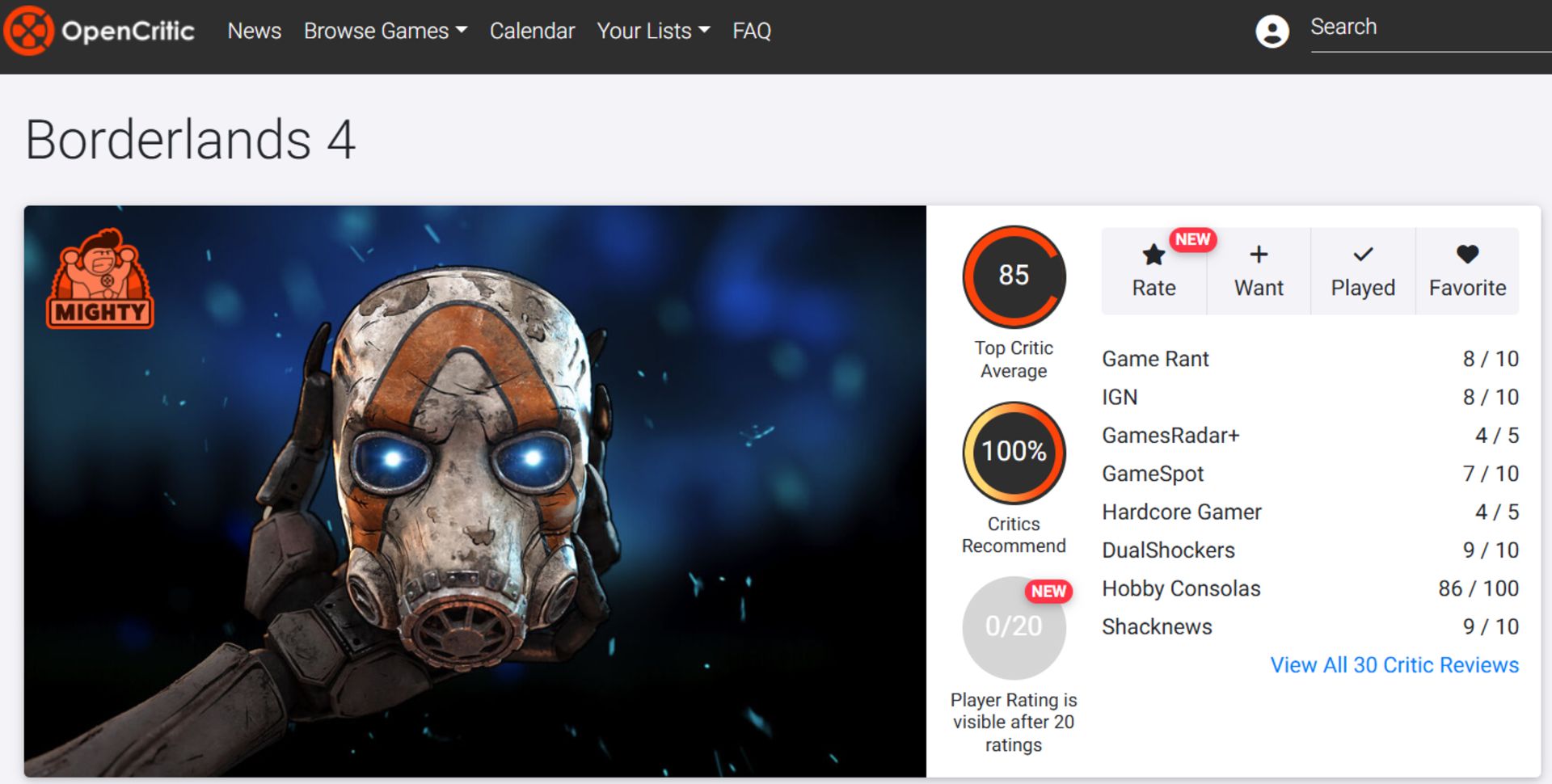 میانگین نقدها و نمرات بازی Borderlands 4 در وب‌سایت اوپن‌کریتیک (Opencritic)